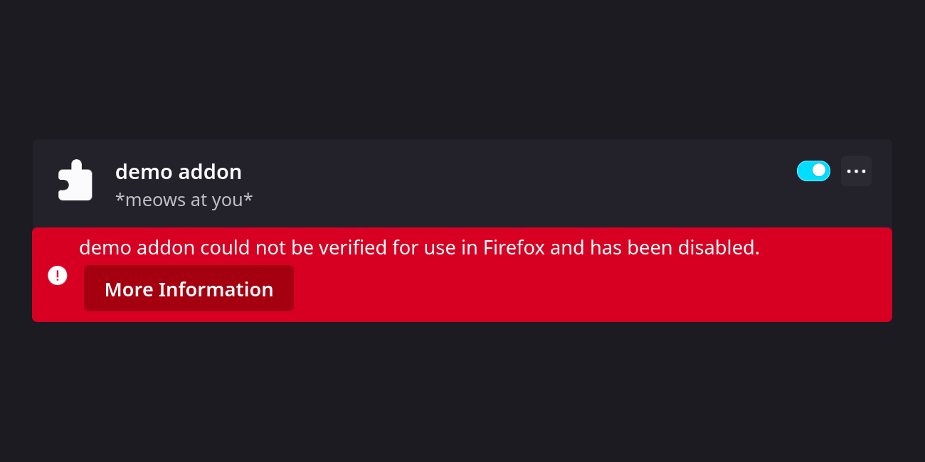 Snippet of Firefox addons page, with addon named demo addon and warning that it has not been verified for use in Firefox