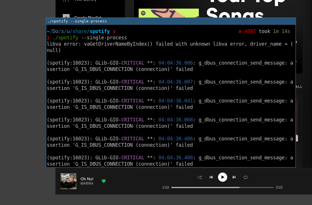 Spotify window, with song &ldquo;Oh No!&rdquo; by &ldquo;Marina&rdquo; shown paused, partially obscured by terminal window with command &ldquo;./spotify &ndash;single-process&rdquo;