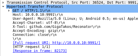 http request in wireshark, showing a header X-tool pointing to github.com/GigaTakos/Reconator