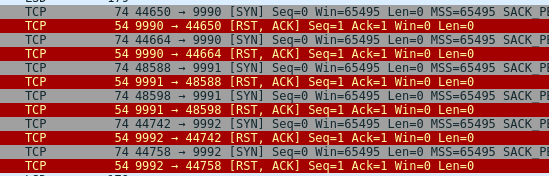 listing of packets, showing multiple TCP SYN to ports 9990, 9991 and 9992, with corresponding RSTs from us